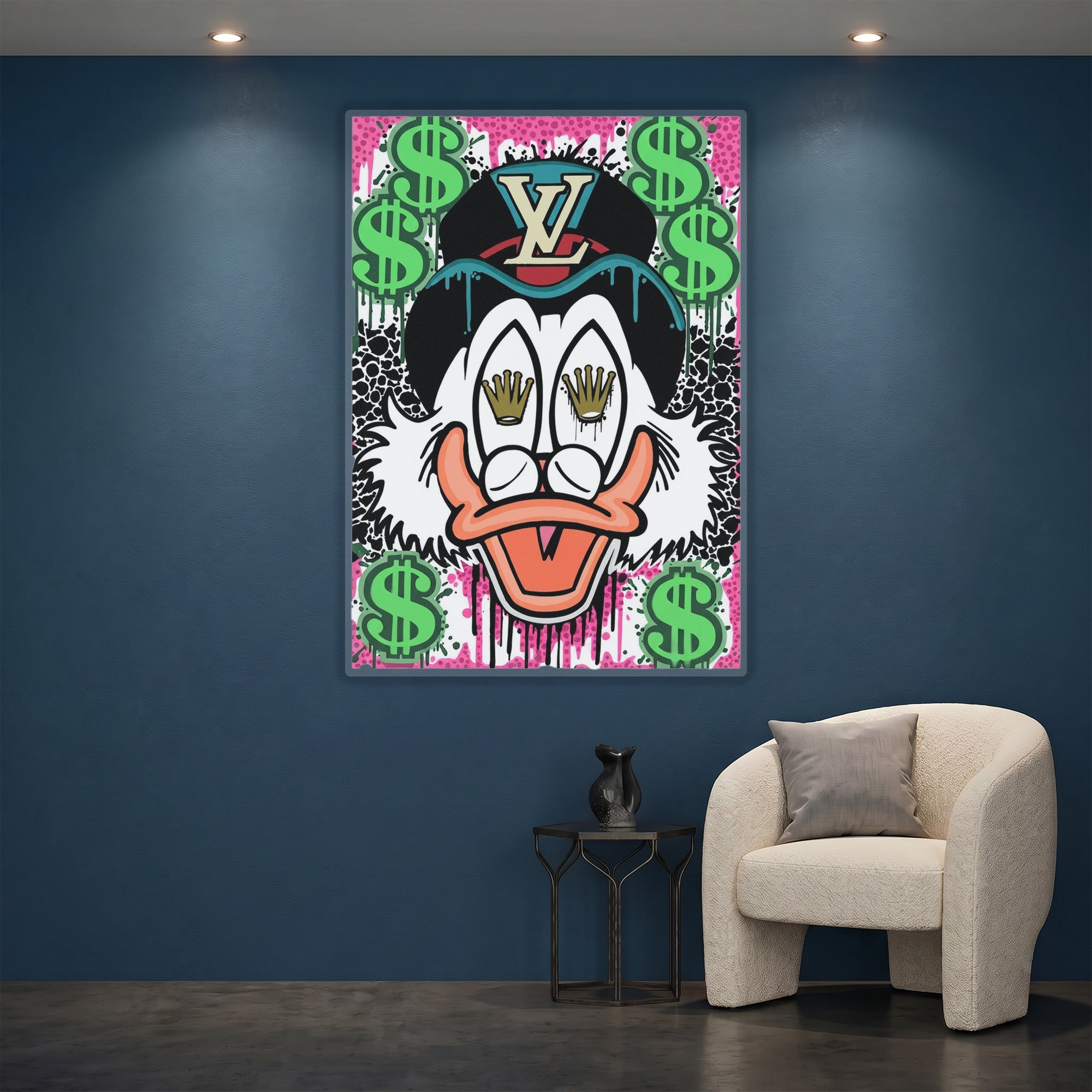 Acrylglasbild - Pop Art Donald Duck Krone Geld - UV Druck - Official Neon - led neon schild schriftzug personalisiert