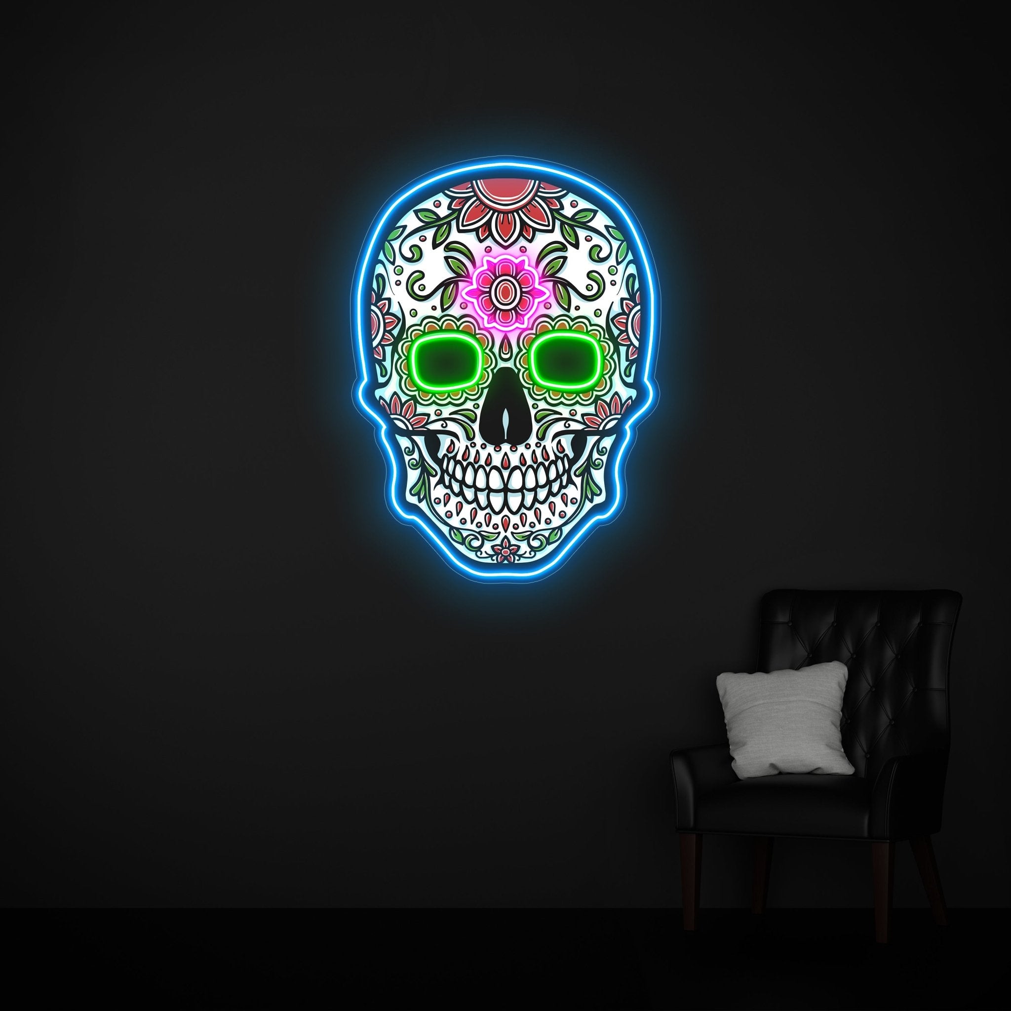 LED Neon Schild - Blumen Totenkopf Mexikanisch - UV Druck - Official Neon - led neon schild schriftzug personalisiert